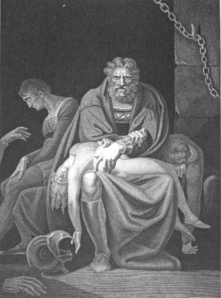Count Ugolino sitting in the prison tower, holding one of his sons lying dead across his knee, another son with his head bowed over his hand on the right behind him and another on the left, in profile, sitting gaunt and despairing, dying of hunger; after Fuseli (Schiff 1799A). 1809 Stipple